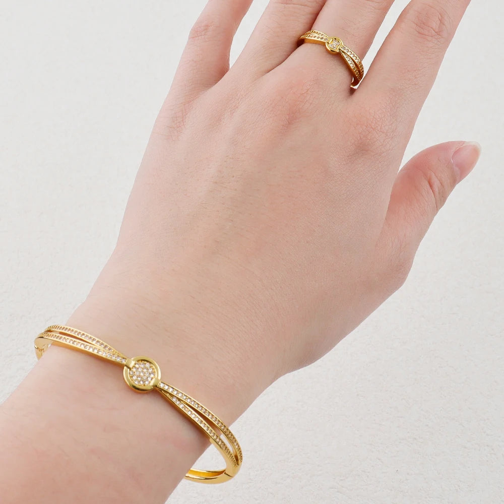 18K Shiny Gold Color Bracelet Ring Set Dubai Jewelry Designer Jewelry Ladies Fashion Bracelet Wholesale Jewelry Set