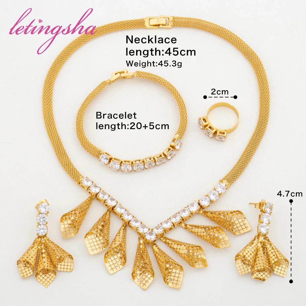 18K Gold Plated Bridal Necklace Earrings Jewelry Sets For Women Fashion Wedding Zircon Charm Bracelet Ring Prom Party