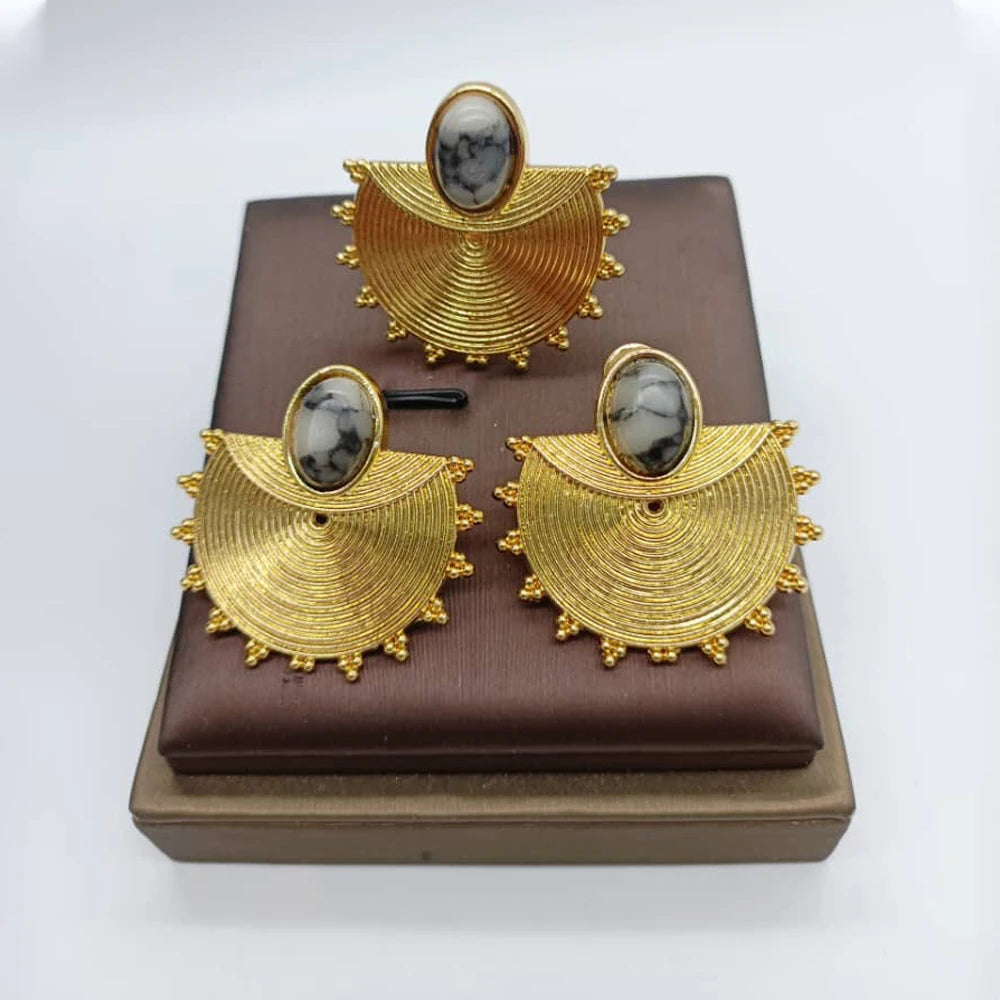 gold dubai jewelry set Gold Color Earrings Ring Set for Women Indian Luxury Earrings Ring Turkish Wedding Bride Design Jewelry