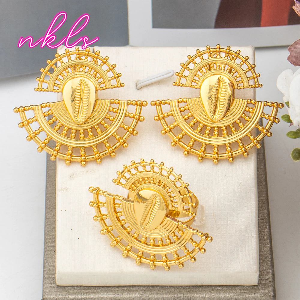 Dubai Copper Jewelry Set for Women Brazilian Gold Color Clip Earrings and Ring Set Weddings Party Accessories Jewellery Gifts