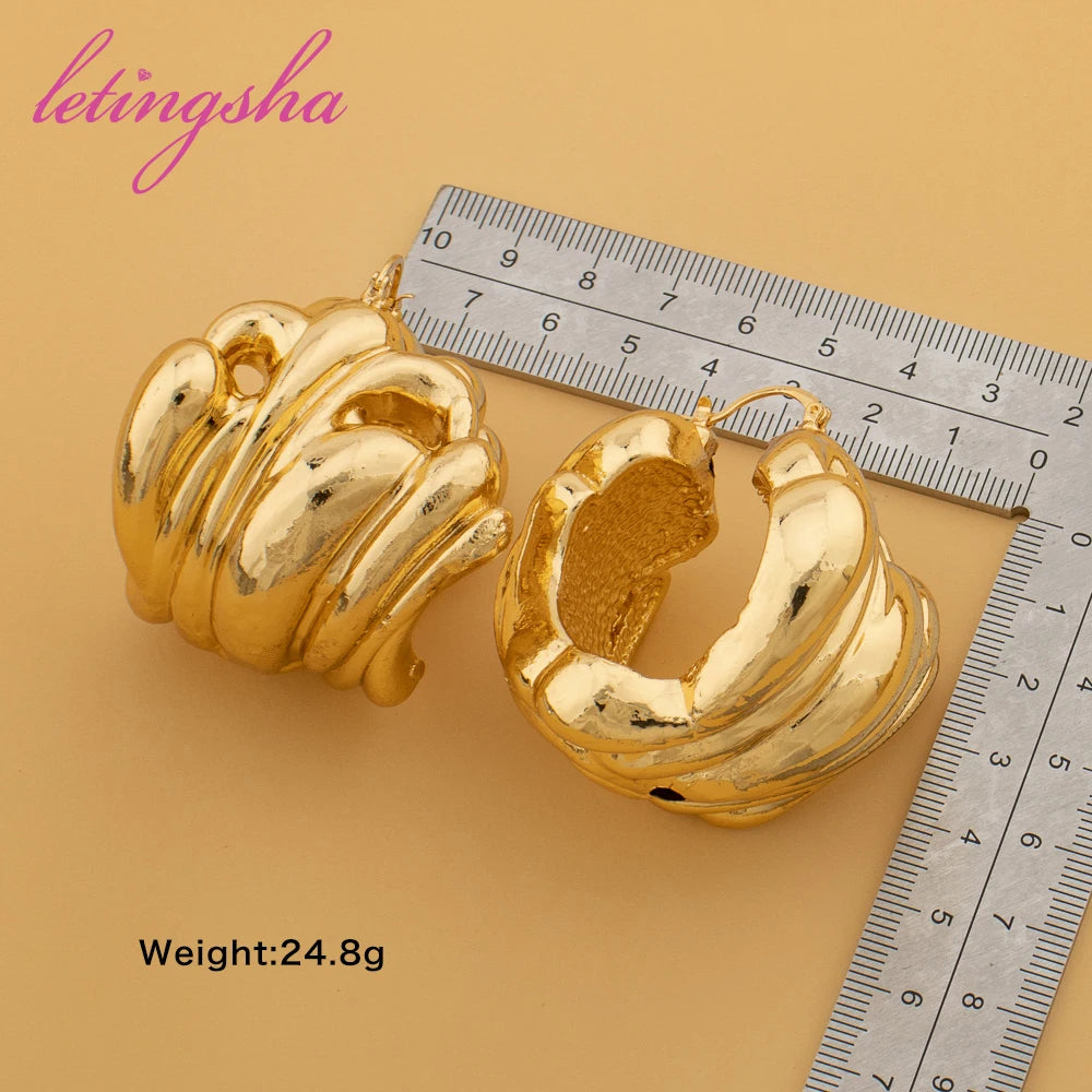 African Large Style Earrings For Women Nigeria 18k Gold Color Fashion Chunky Hoop Earrings Exaggerate Classic Jewelry Party Gift