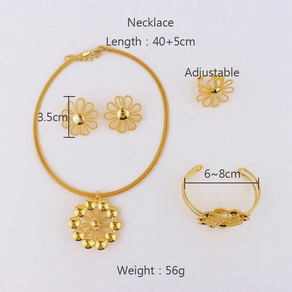 New Trendy Gold Plated Jewelry Set For Dubai Women Gold Color Necklace Earrings Bracelet And Ring Jewelry Set