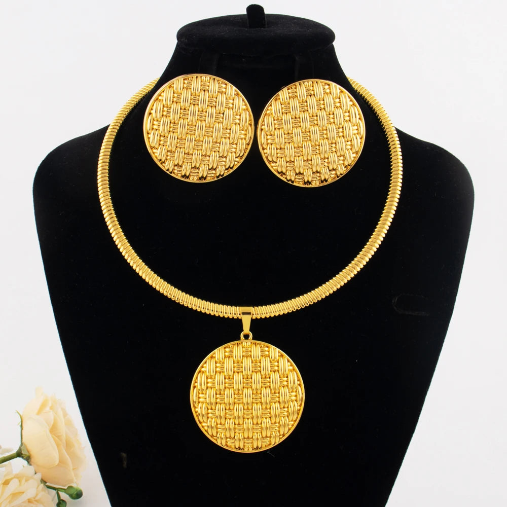 18K Gold Plated Brazilian Bold Roundel Earrings & Necklace Set for Women, Dubai African Party Graduation Gift, Luxury Jewelry Se