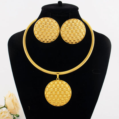 18K Gold Plated Brazilian Bold Roundel Earrings & Necklace Set for Women, Dubai African Party Graduation Gift, Luxury Jewelry Se