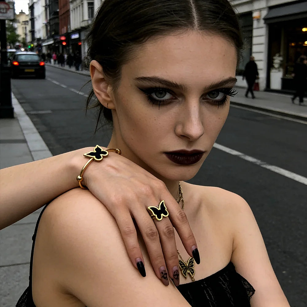 Stainless Steel Women's Gold Plated Bracelet Set, Gothic Ring Double Sided Black Butterfly Promotional Jewelry Set