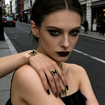 Stainless Steel Women's Gold Plated Bracelet Set, Gothic Ring Double Sided Black Butterfly Promotional Jewelry Set