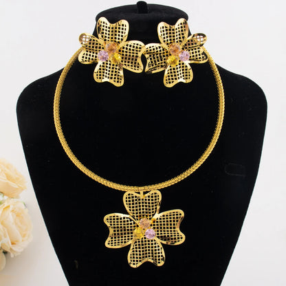 Nigerian  Color Jewelery Set Dubai Ethiopia New Trend Hollow Flower Inlaid With Zircon Earring Necklace For Graduation Gift