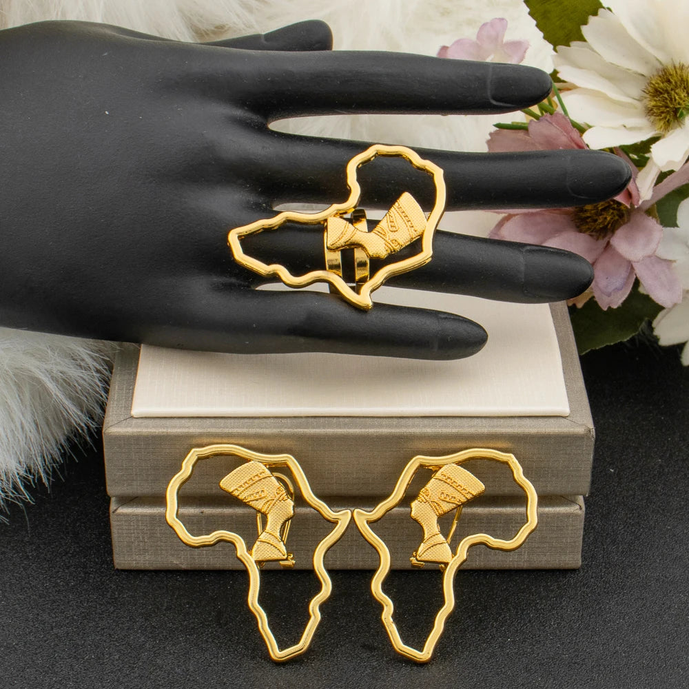 African Map Design Jewelry Set Ladies Luxury Gold Color Earrings and Finger Ring 2Pcs Set Jewellery Ear Rings Accessories Gifts