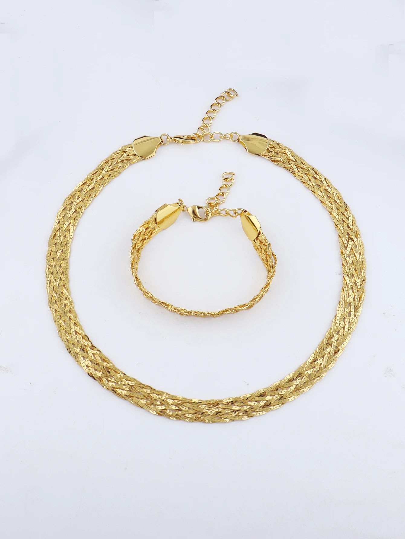 YM 10mm woven hollow chain set: 40cm necklace & bracelet, gold-tone plated, punk-luxury vibe for Dubai Africa women gift