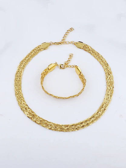 YM 10mm woven hollow chain set: 40cm necklace & bracelet, gold-tone plated, punk-luxury vibe for Dubai Africa women gift