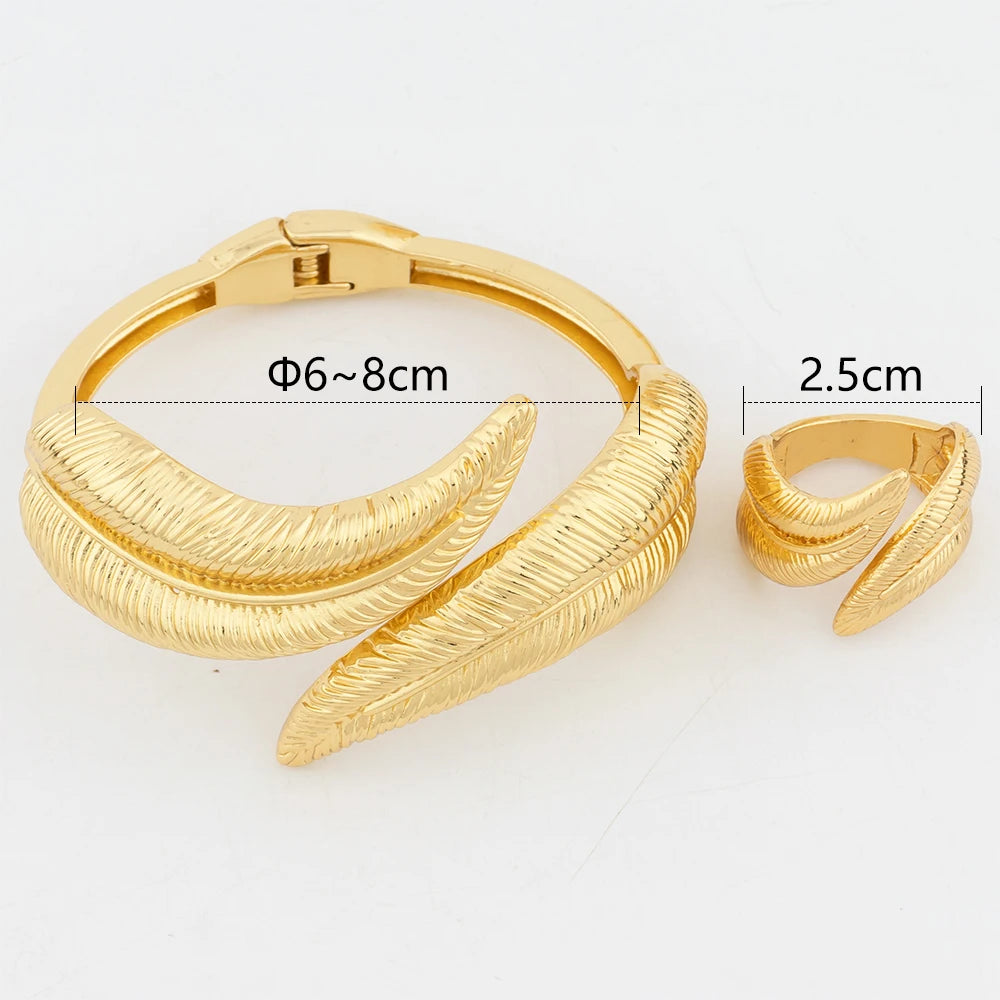 Dubai Leaf Cuff Bangle with Ring For Women 18k Gold Plated Bracelet Nigerian Wedding Jewelry Party Gift Jewelry Accessories - YUEMING JEWELRY