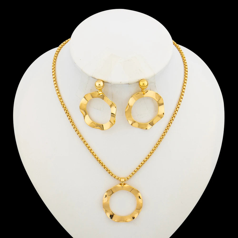 Ethiopia Golden Plated Jewelry Set Ladies Elegant Necklace and Earrings 2Pcs/Set Afican Dubai Party Bridal Jewelry Accessories
