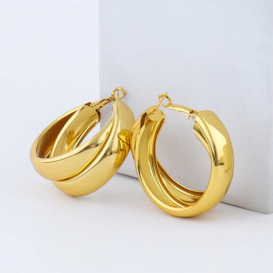 Fashion Glossy Stainless Steel Earrings Vintage Double Layered Circle Exaggerated Earrings for Women Gold Plated Earring