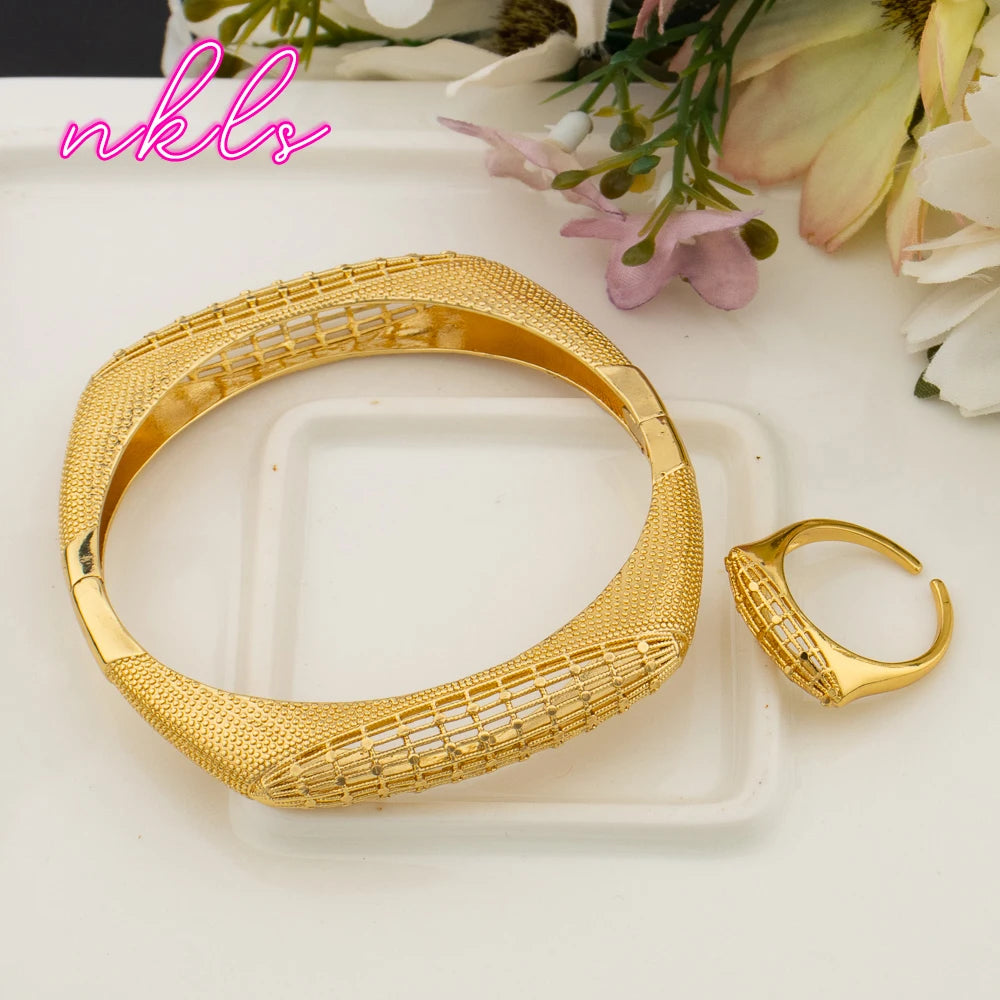 Plated Italian Dubai Style Bangle Ring Bracelet Jewelry Set for Women, Festive Gift