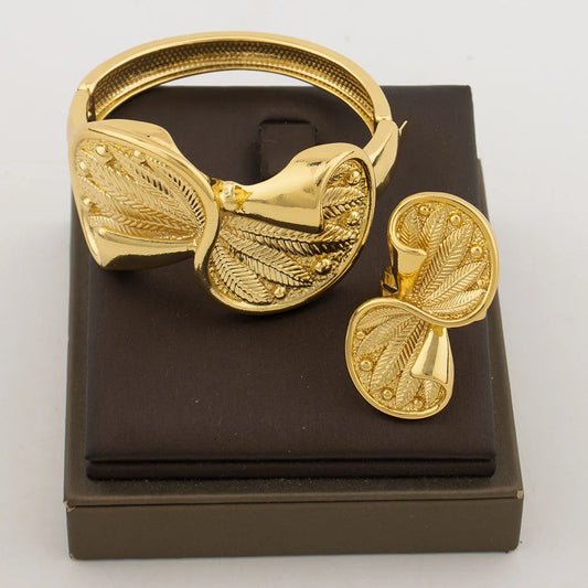 Bangle with Ring Jewelry Set African Gold Color Weddings Cuff Bangle Finger Ring 2Pcs Set for Party Brazilian Daily Wear Gifts