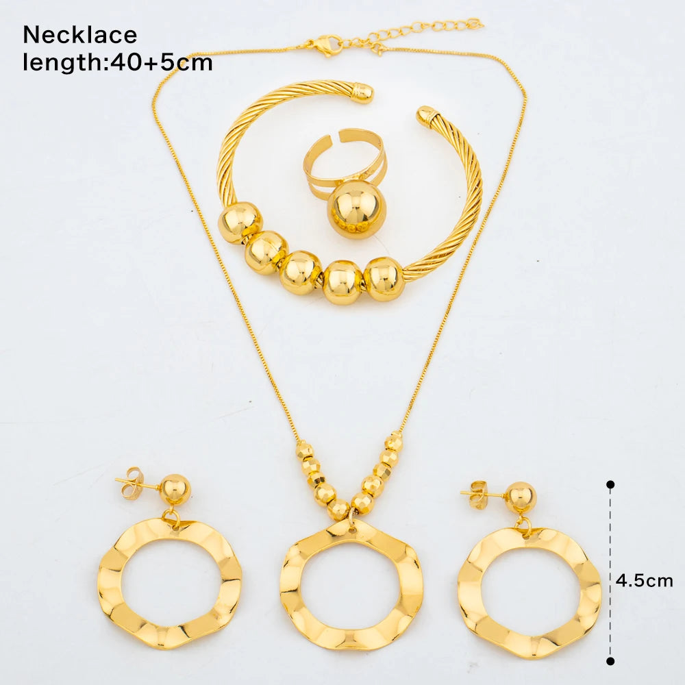 Arabic Dubai Jewelry Set for Women Bead Earrings Necklace Ethiopian African Chain Gold Color Bracelet Ring Wedding Bridal Gift