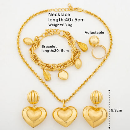 African Gold Color Jewelry Set for Party Heart Design Pendant and Dangle Earrings Weddings Bridal Chain Necklace Bracelet Ring