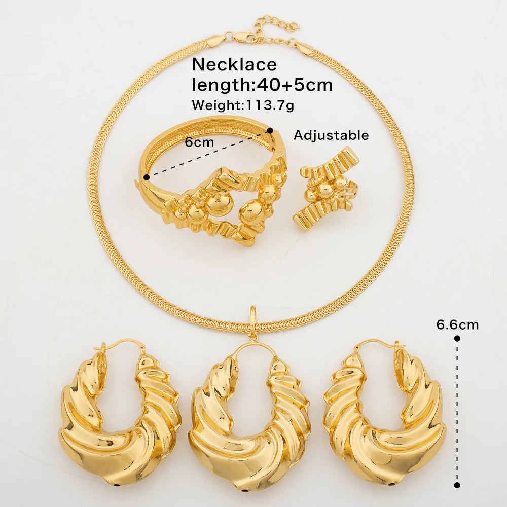 Dubai Round Earrings Luxury Gold Color Jewelry Set for Women African Trend Necklace Statement Large Earrings Wedding Party Gift