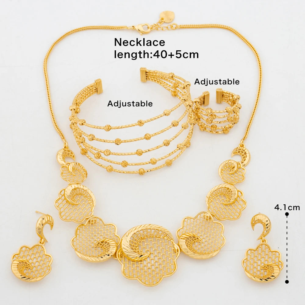 Dubai Lady 18K Golden Color Jewelry Set Women Elegant Necklace Stud Earrings Arab African Bridal Wedding Daily Wear Jewelry Gift