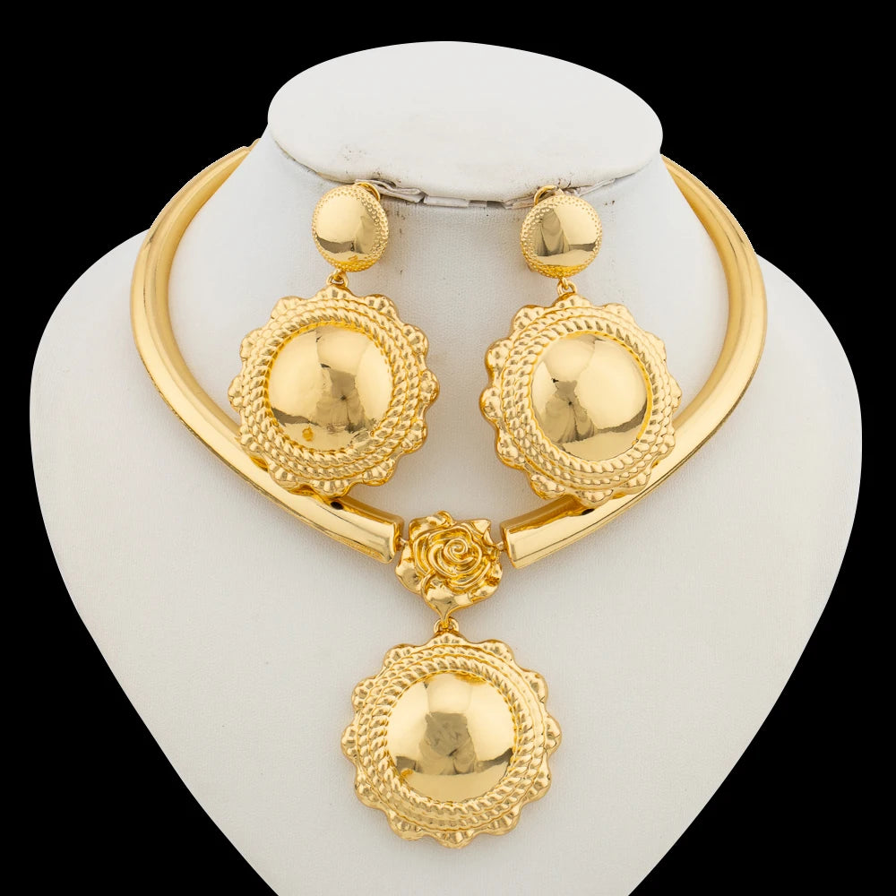 Romantic Gold Color Jewelry Set for Dubai Women Big Earrings and Necklace with Bangle Ring African Copper Gold Plated Jewelry