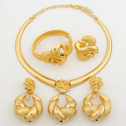 Fashion Women Jewelry Set for Party 18k Gold Color Earrings and Necklace Hand Bangle Ring Set for Weddings Bridal Jewellery Gift