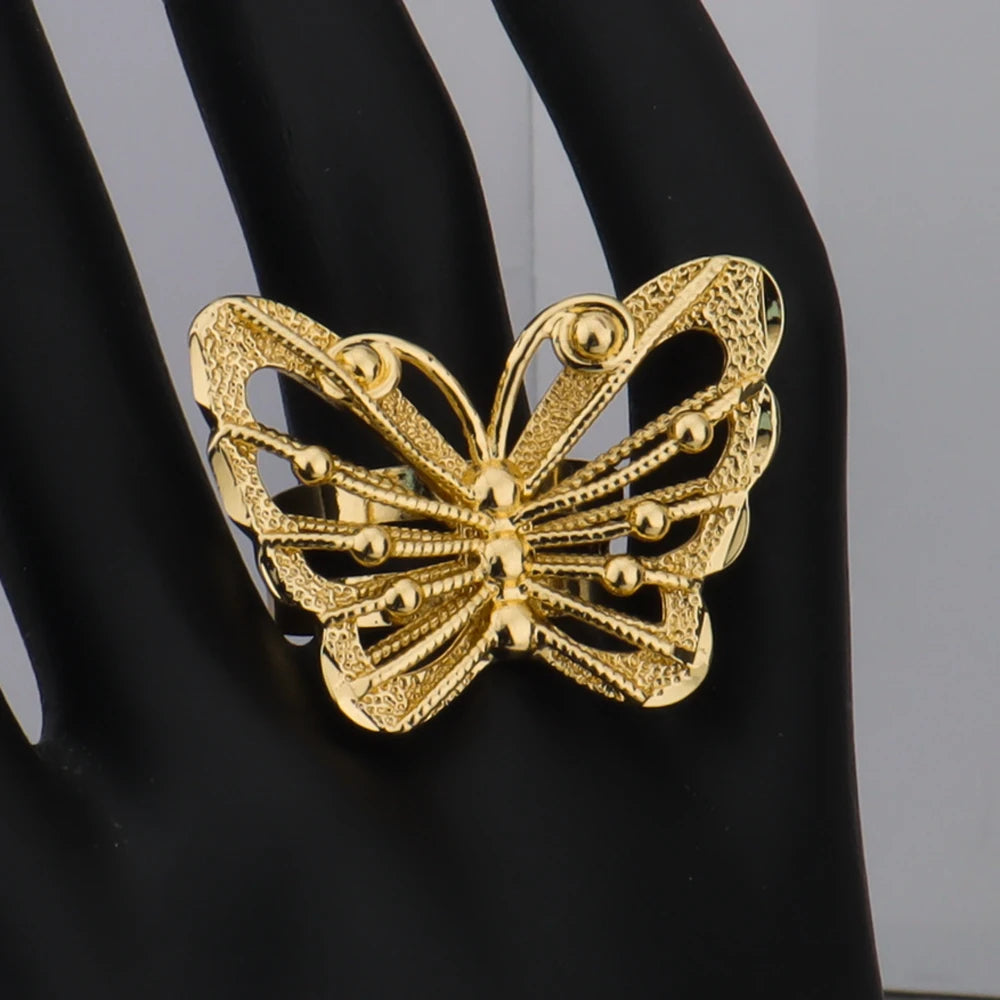 Dubai Gold Color Butterfly Necklace Earrings Ring Personalized Jewelry Set For Family Daily Wear Wedding valentine day gift