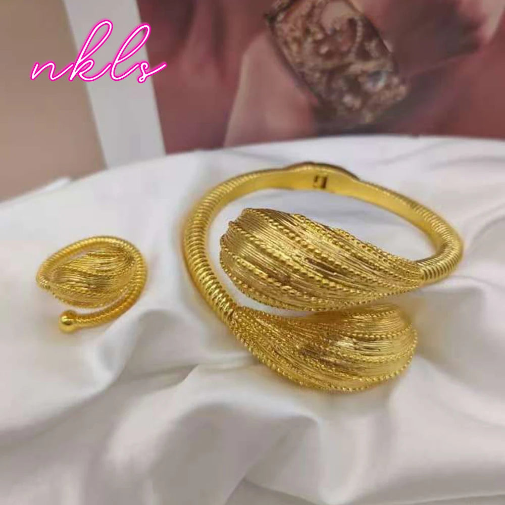 Dubai Copper Bracelet and Ring Set for Women, Tone Exquisite Jewelry Gift, Luxury Bangle Ensemble