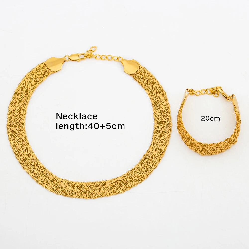 Gold Color Thick Necklace Jewelry Set for Women Link Chain Fashion Christmas Valentine's Party Gift Bride Daily Wear Accessory