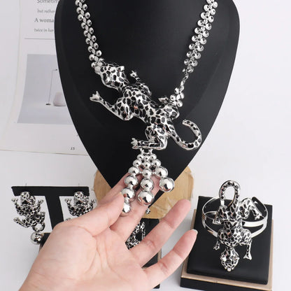 Tone Africa Leopard Enamel Jewelry Set, Exaggerated Necklace & Earrings Ring Bangle for Nigerian Dubai Women, Easter Pa