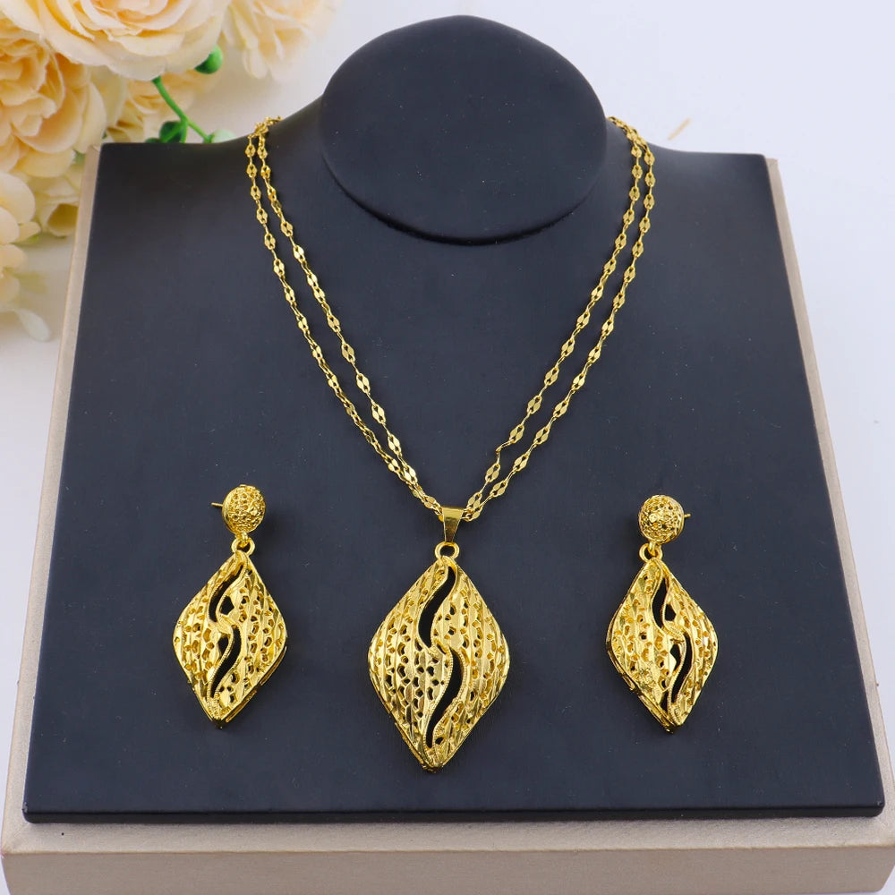 Fashion Gold Color Jewelry 24K Gold Color Warped Geometry Necklace Earrings Set Dubai India Africa Nigerian Bridal Gift