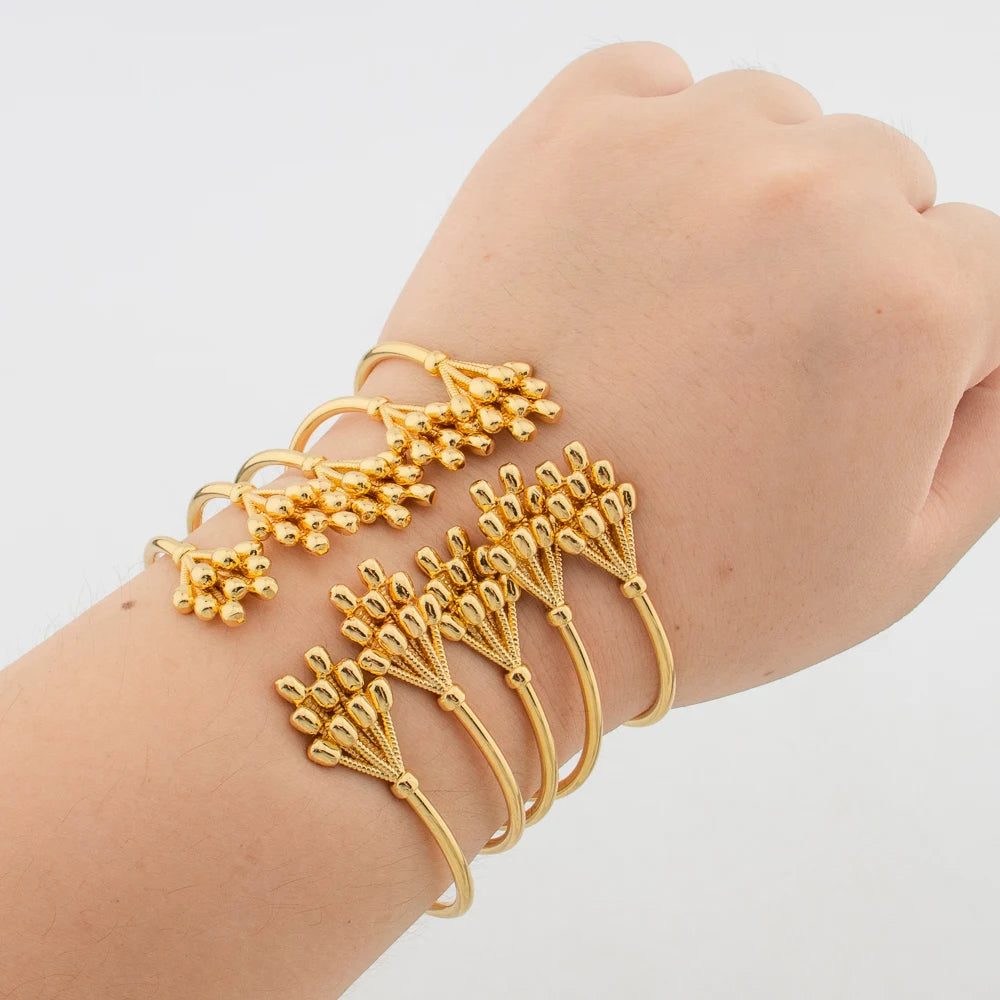 5pcs/Set Cuff Bangles Dubai Gold Color Bracelets For Women Lucky Beads Jewelry Nigerian Wedding Party Luxury Jewelry Accessories