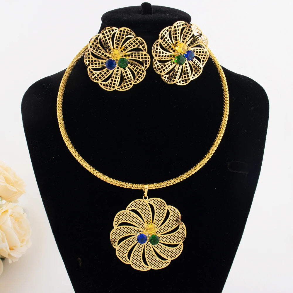 Nigerian  Color Jewelery Set Dubai Ethiopia New Trend Hollow Flower Inlaid With Zircon Earring Necklace For Graduation Gift
