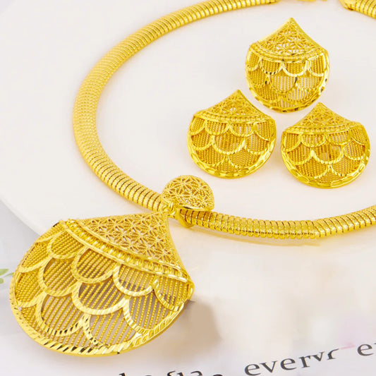Gold plated Jewelry Set India Dubai Jewelry Gold Geometry Necklace Earrings Ring  for Nigerian Wedding Bridal Holiday Gift
