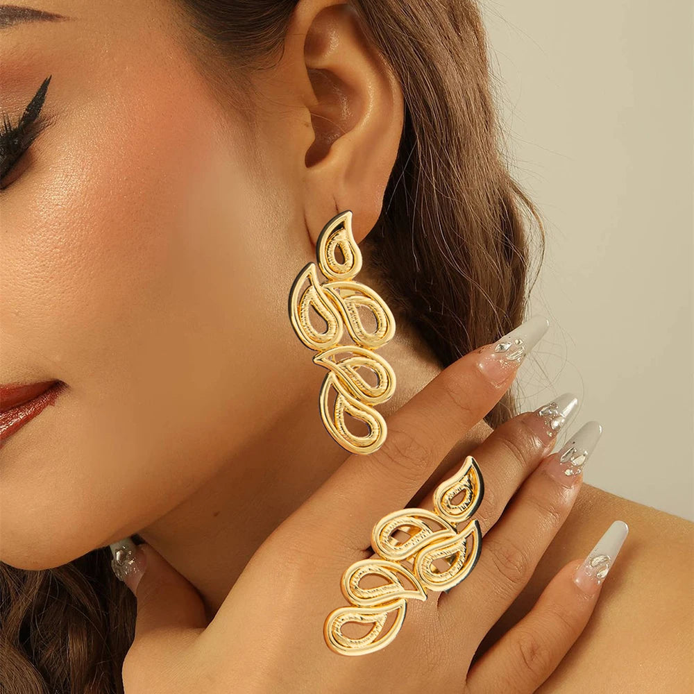 18k Gold Color Earrings and Ring Jewelry Set for Women African Design Clip Earrings Finger Ring 2Pcs Set for Engagement Party