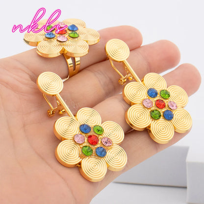 Dubai Round Jewelry Set for Women  Luxury African Bangle Earrings Necklace Ring Wedding Party Gift earring set je
