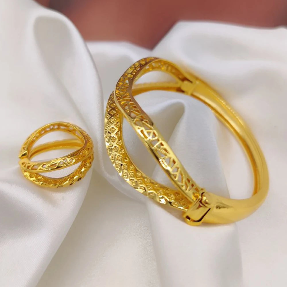 Geometry Design Bangle with Ring Set for Ladies African 18k Gold Color Hand Bracelet Cocktail Ring 2Pcs Set for Engagement Gifts