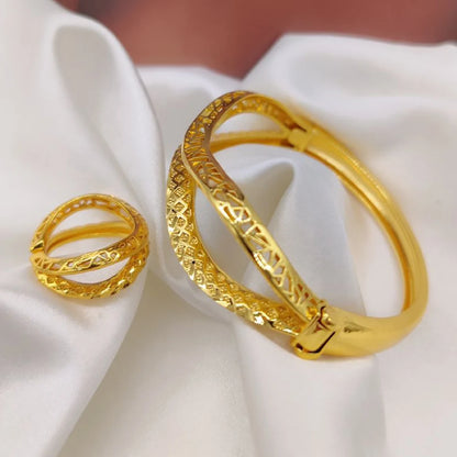 Geometry Design Bangle with Ring Set for Ladies African 18k Gold Color Hand Bracelet Cocktail Ring 2Pcs Set for Engagement Gifts