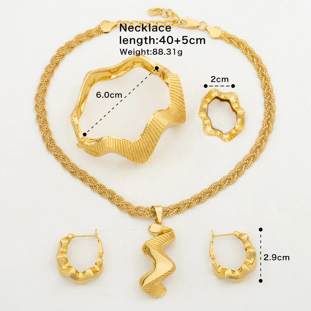 Ethiopian Gold Color Jewelry Set for Party Elegant Pendant Necklace and Hoop Earrings African Women Cuff Bangle Ring Set