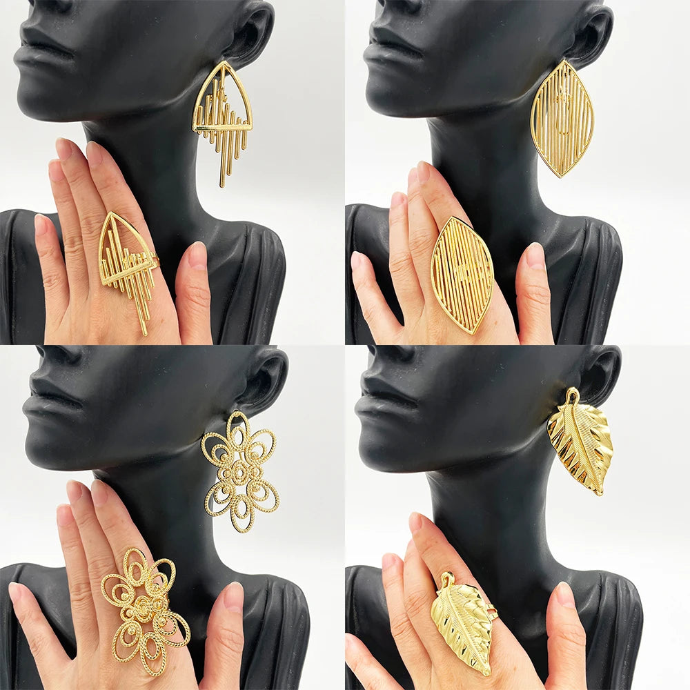 4Set Gold Color Jewelry for Women Girls Elegant Golden Clip Earrings Ring Geometric Jewelry Fashion Party Engrave Hollow Earring
