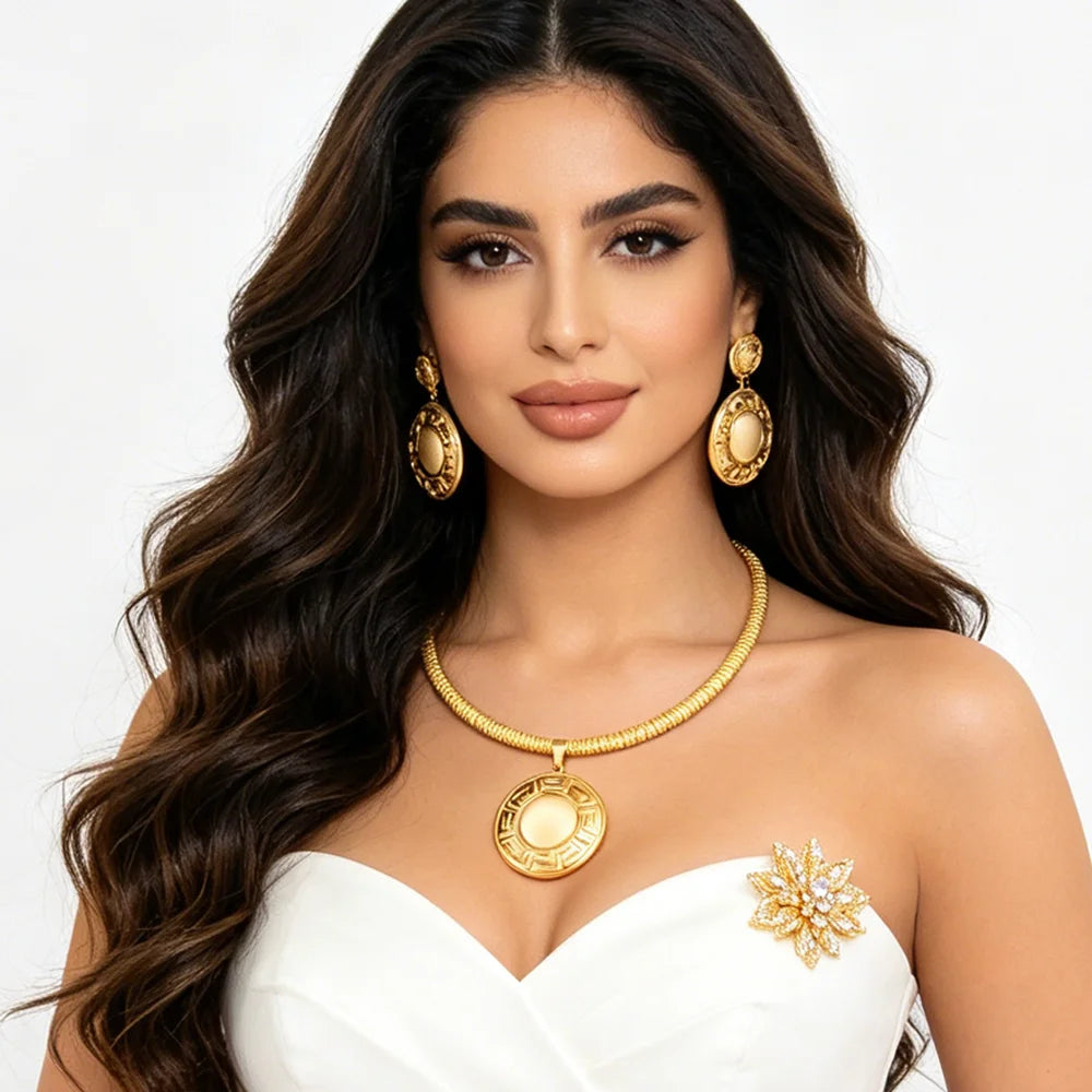 Dubai Luxury Gold Plated Jewelry Set for Women Wedding Nigeria Circle Necklace Earrings Bracelet Ring for Party Gift Daily Dress
