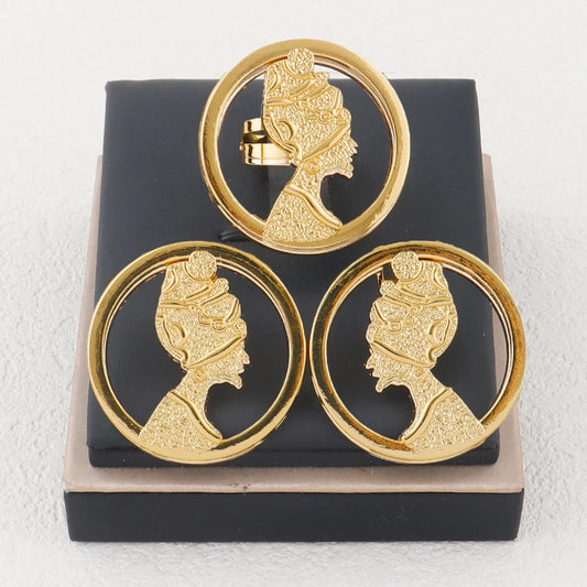 Women's Trendy Personalized Design Earrings with Ring Set African Bridal 18k Gold 2Pcs Set Dubai Jewelry Accessories