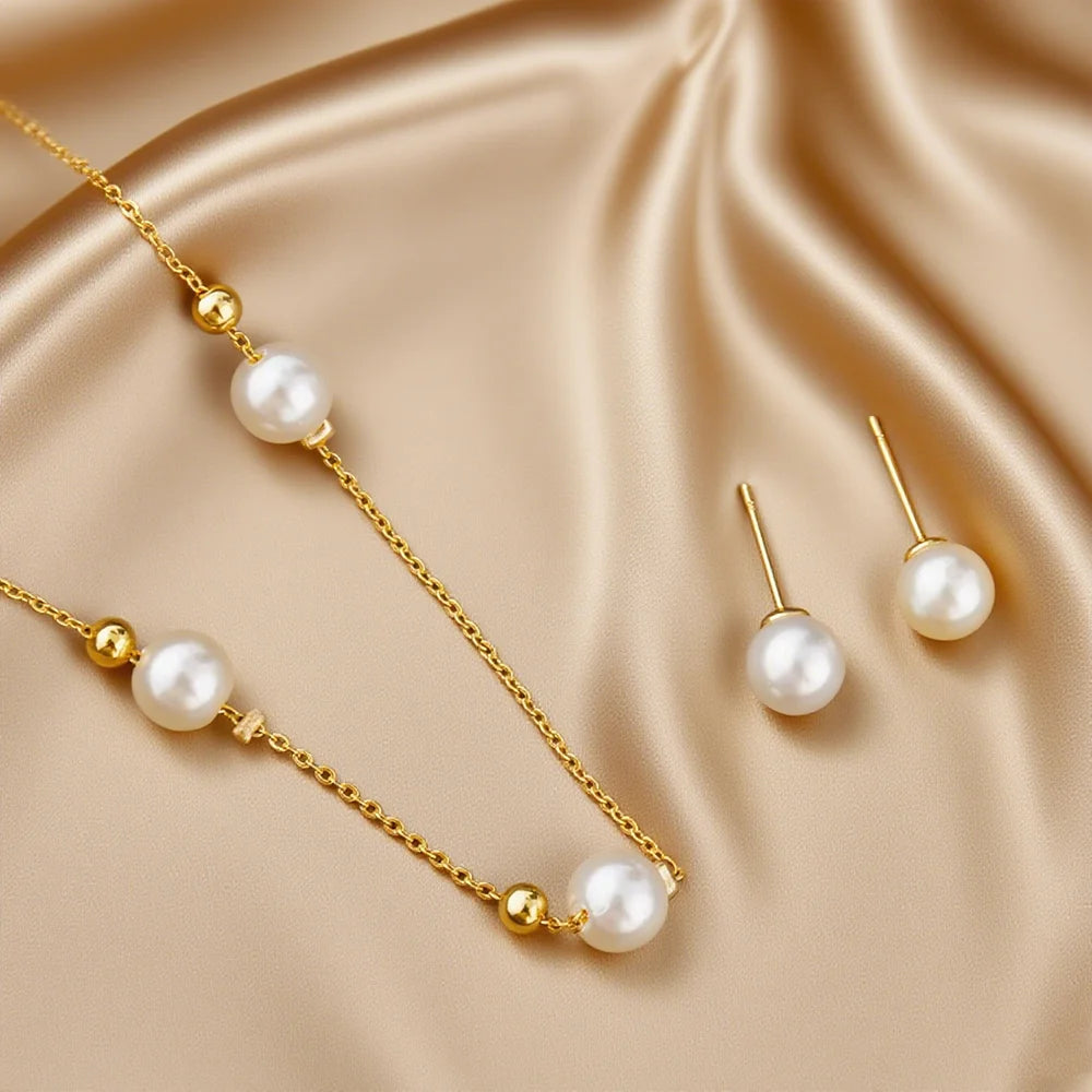 Dainty Luxury  Stainless Steel Imitation Pearl Necklace for Women Summer Beach Accessories for daily and party wear