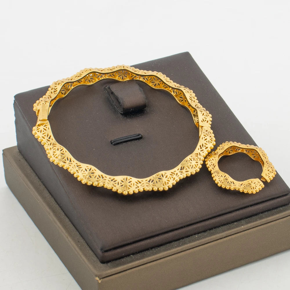 Bangle with Ring Jewelry Set African Gold Color Weddings Cuff Bangle Finger Ring 2Pcs Set for Party Brazilian Daily Wear Gifts