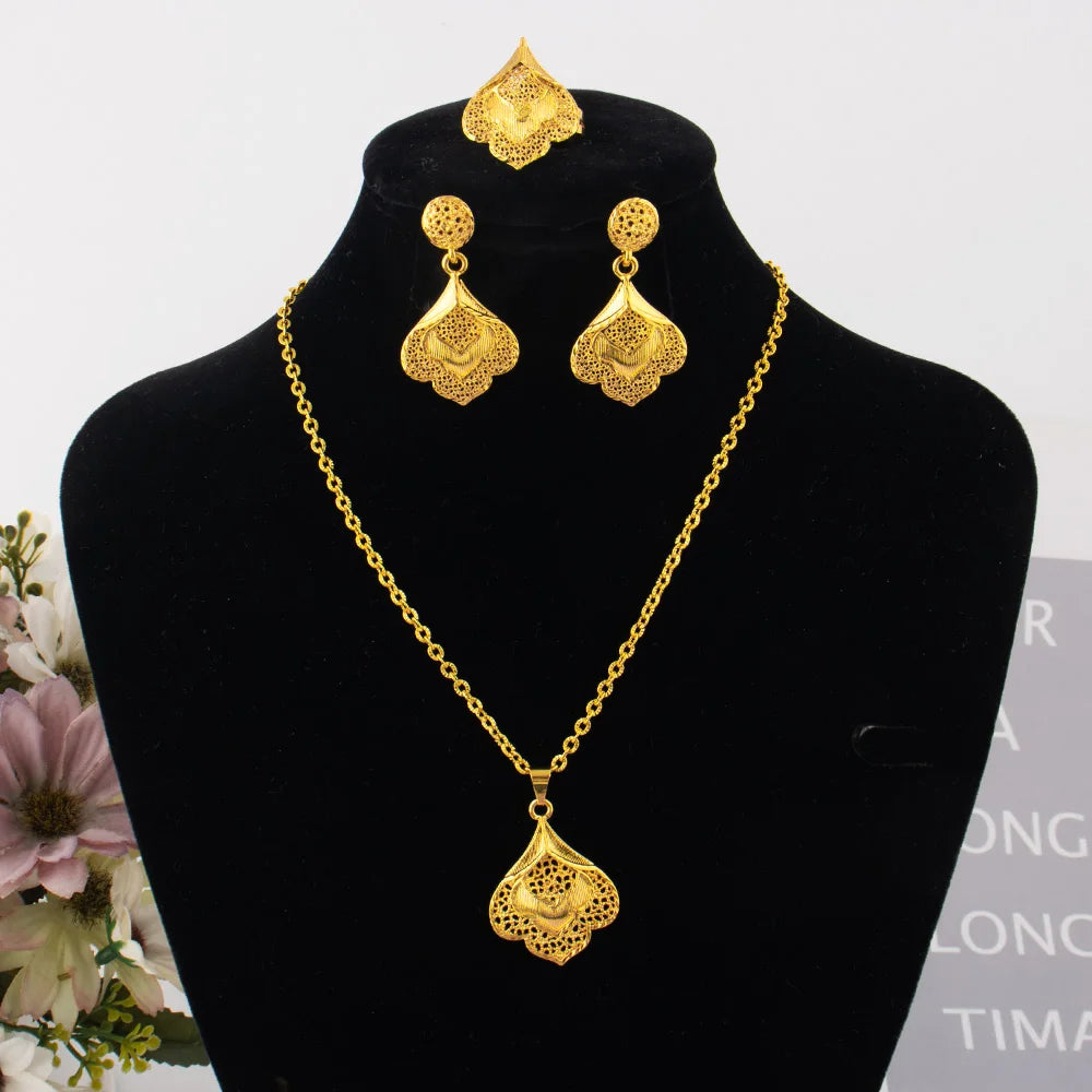 Spain Fashion Gold-Tone Jewelry Set for Women – Classic Earrings Ring Necklace, Elegant Daily Wear & Party Wedding Gift, Mother