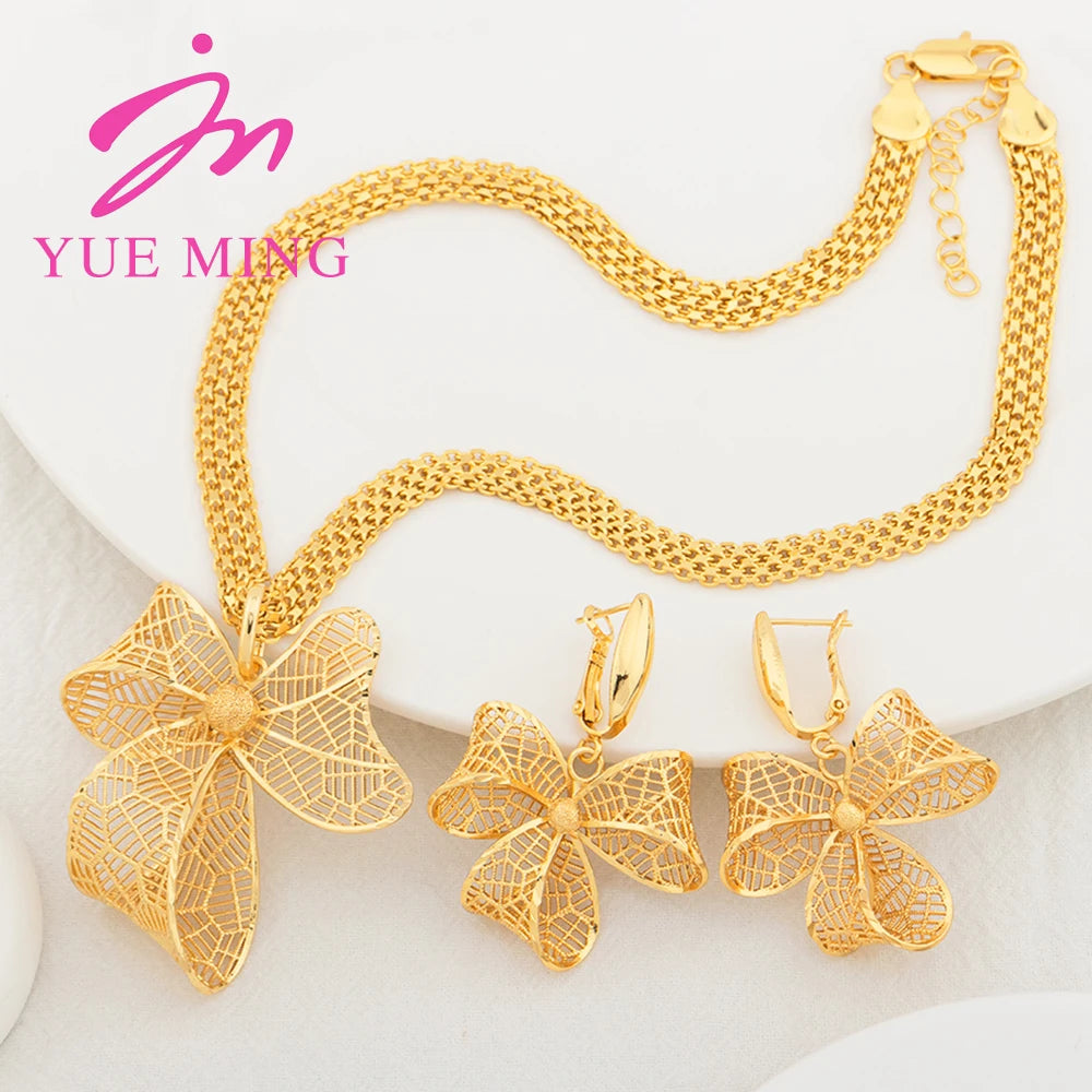 YM Dubai Gold Color Jewelry Sets for Women Copper Necklace Earrings Bowknot Pendant African Bridal Wedding Jewelry Accessories