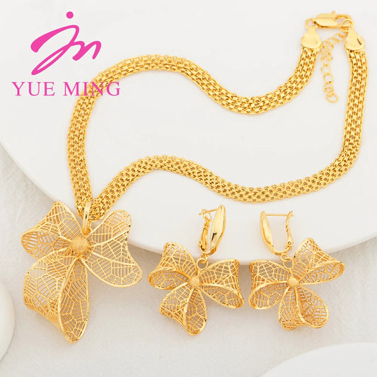 YM Dubai Gold Color Jewelry Sets for Women Copper Necklace Earrings Bowknot Pendant African Bridal Wedding Jewelry Accessories
