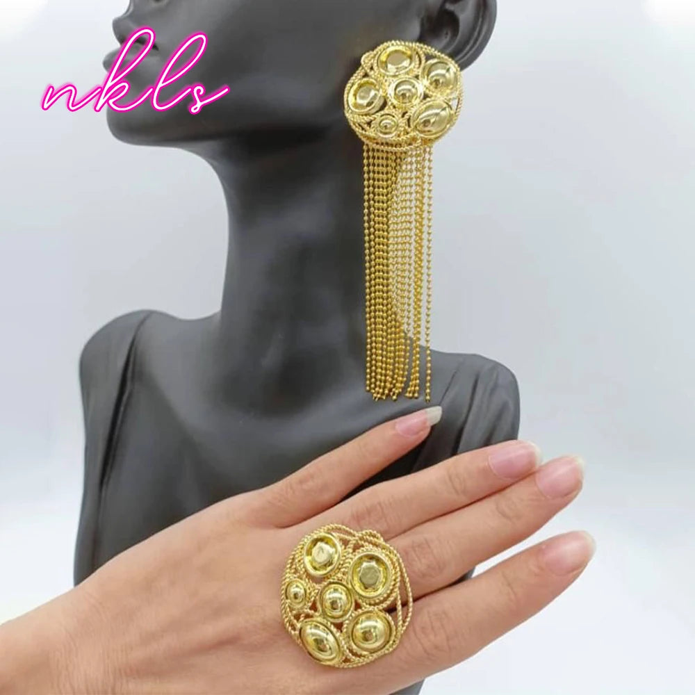 Fashion Ladies Tassel Earrings with Ring Set Trendy Dubai Color Jewelry Set Classic Copper Alloy Metal Jewelry Accessory