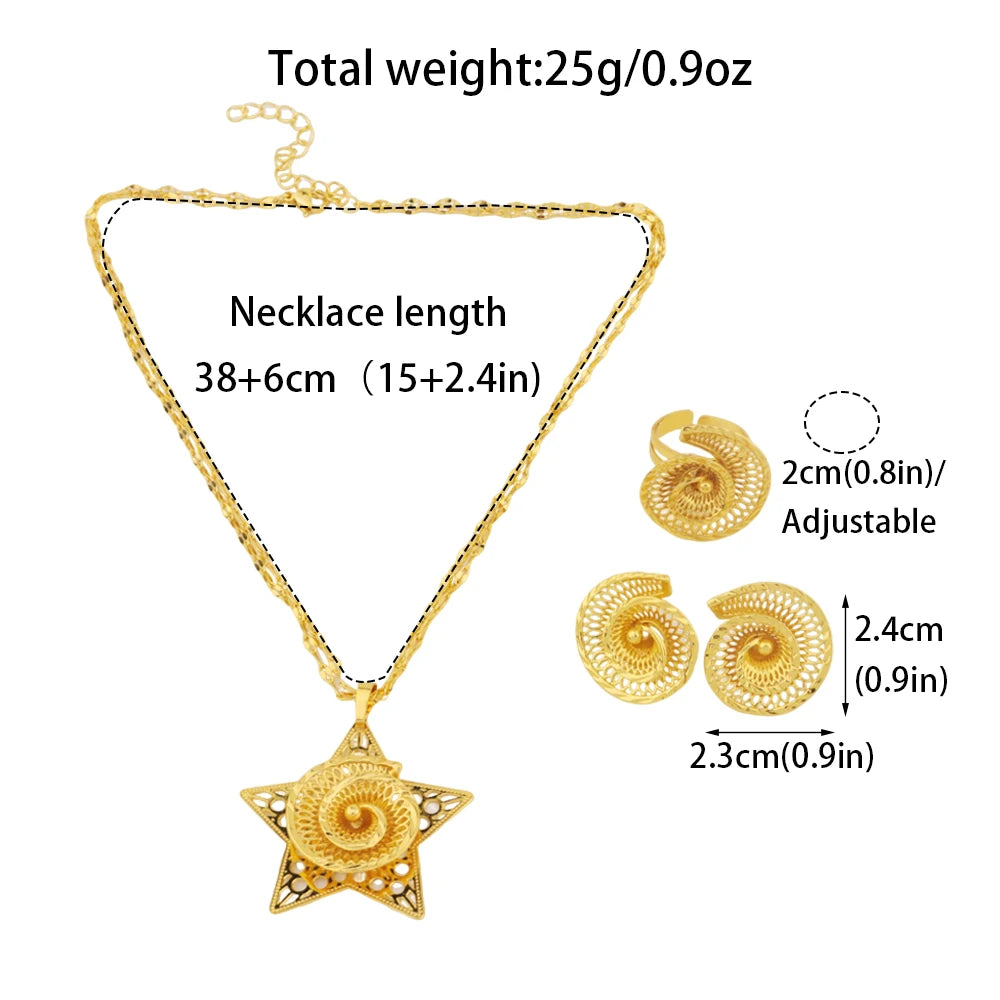 Gold Plated Star Shape Necklace Women's Earrings Ring Set Dubai Wedding Gold Jewelry 2 Piece Set Christmas Party Favor