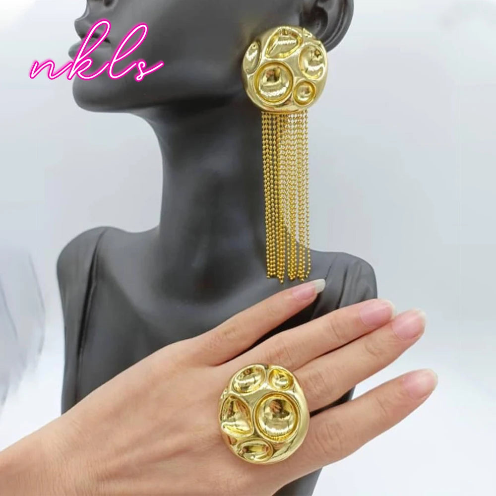 Gold Color Clip Tassel Earrings with Ring Jewelry Set for Women Brazilian Weddings Party Jewelry Set Party Accessories Gifts