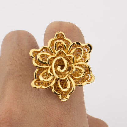 Dubai Gold Color Flower Shape Rings Nigerian Luxury Jewellery Set Africa Bride Wedding Indian Fashion Party Gifts